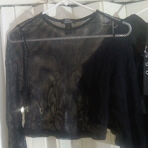 Social Collision/hot Topic Black Mesh Long Sleeve Top And Skirt